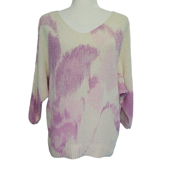 Chico's Linen Blend Cream Pink Abstract Open Knit V-Neck Dolman Sleeve Sweater - Picture 1 of 8